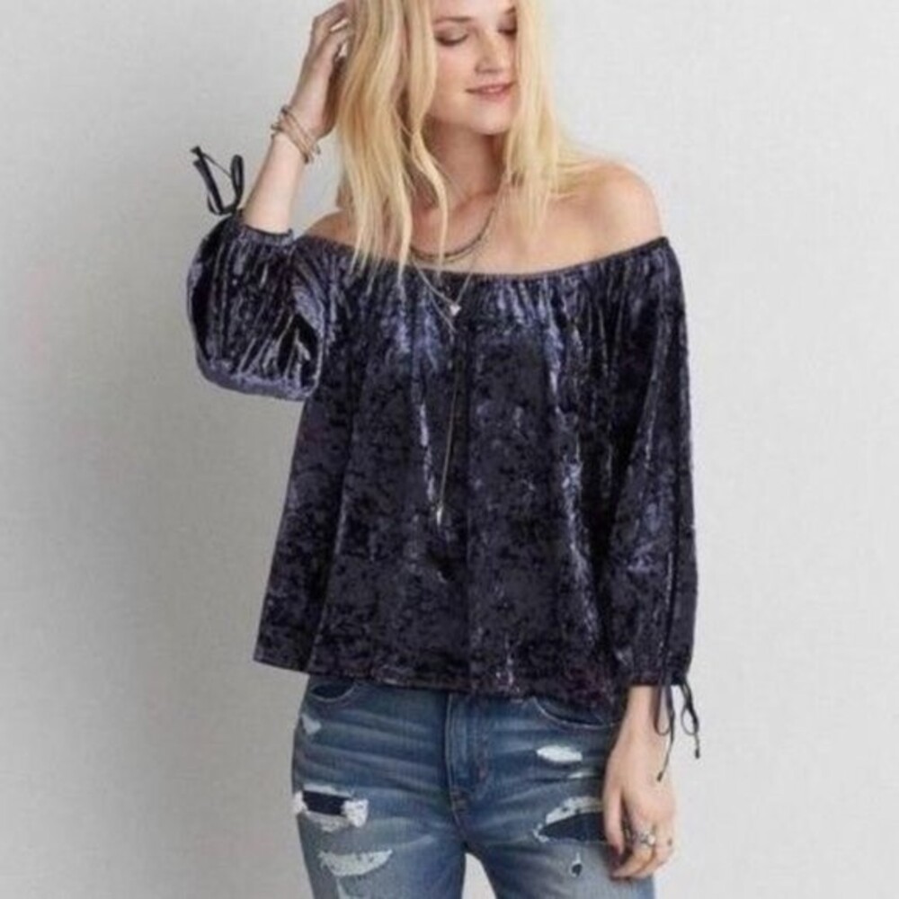 AEO Navy Blue Velvet Off the Shoulder Top - S|P - Picture 16 of 16